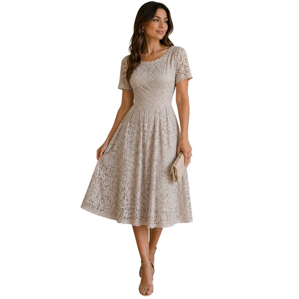 Dress Tells Beige Lace Fit Flare Midi Dress Scalloped XL Cottagecore